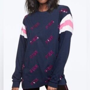 PINK Victoria's Secret Navy long sleeve Tee w/ sequins lettering lg